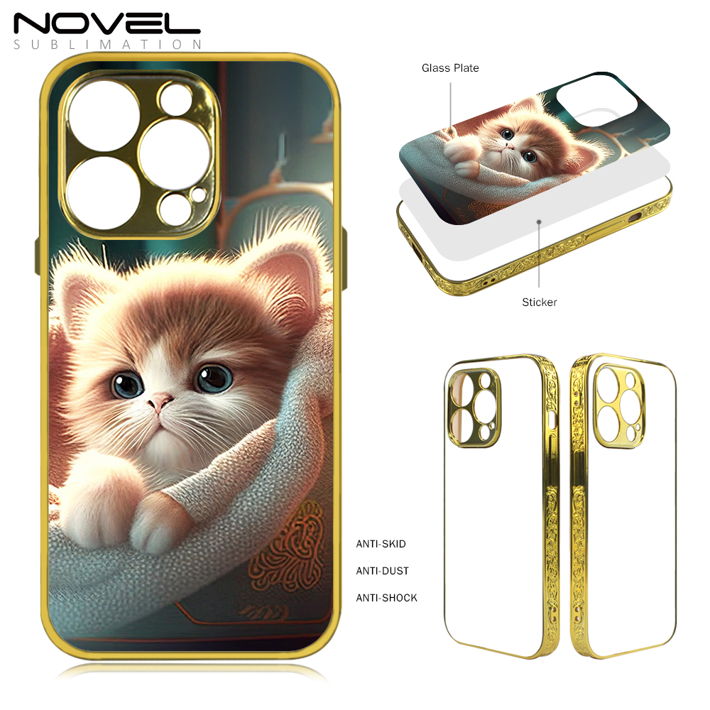 New Arrival Sublimation Electroplated Phone Case with Embossrd Edge for iPhone 15/14 Series DIY Shell With Glass Sheet