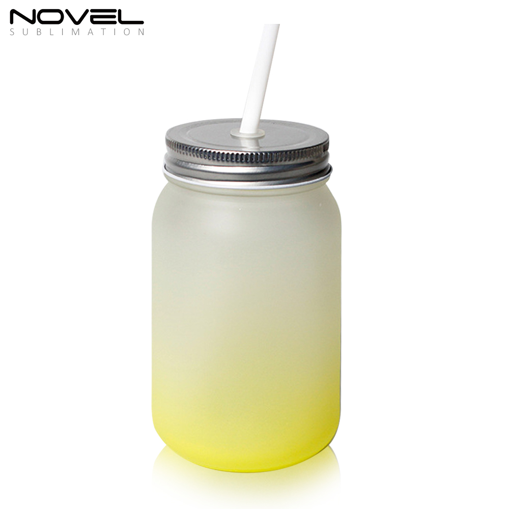 Sublimation Mason Jars Frosted Glass,18oz Regular Wide Mouth Mugs Cups with Lid and Straw