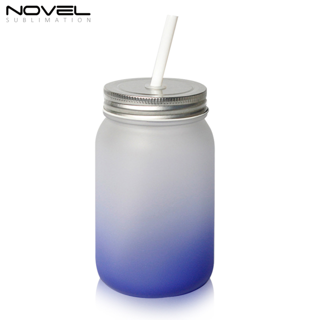 Sublimation Mason Jars Frosted Glass,18oz Regular Wide Mouth Mugs Cups with Lid and Straw