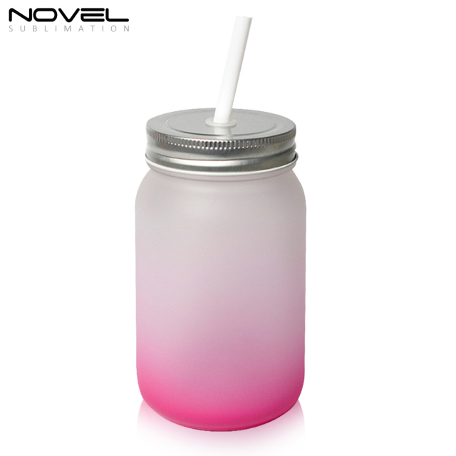 Sublimation Mason Jars Frosted Glass,18oz Regular Wide Mouth Mugs Cups with Lid and Straw