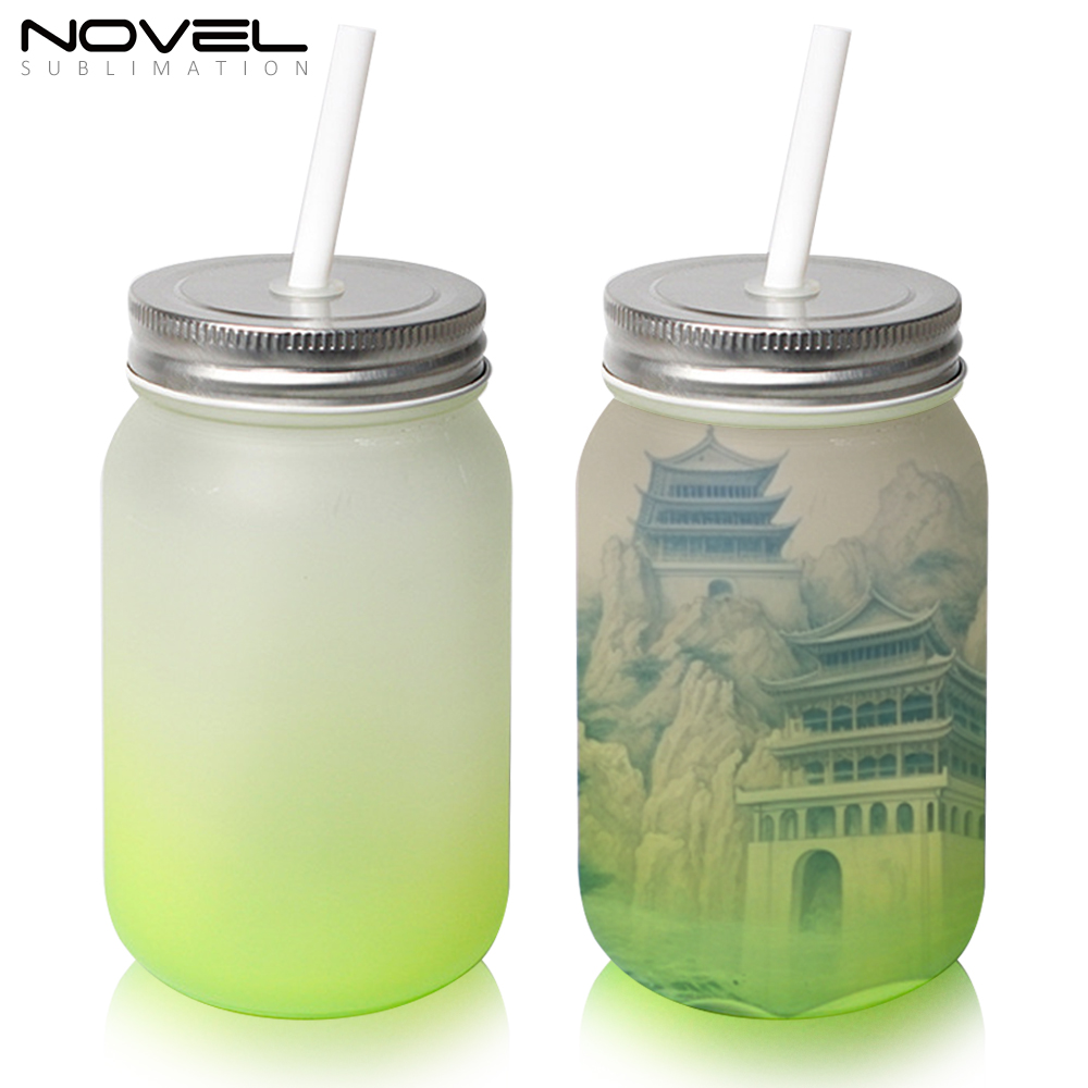 Sublimation Mason Jars Frosted Glass,18oz Regular Wide Mouth Mugs Cups with Lid and Straw