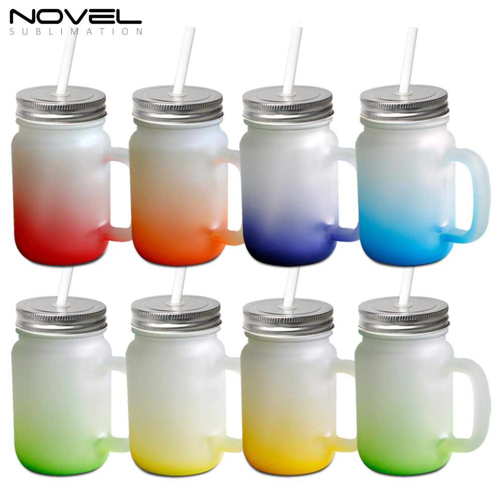 Sublimation Mason Jars Frosted Glass,18oz Regular Wide Mouth Mugs Cups with Lid and Straw