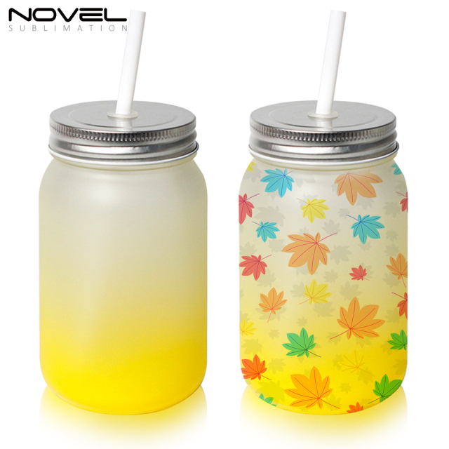 Sublimation Mason Jars Frosted Glass,18oz Regular Wide Mouth Mugs Cups with Lid and Straw