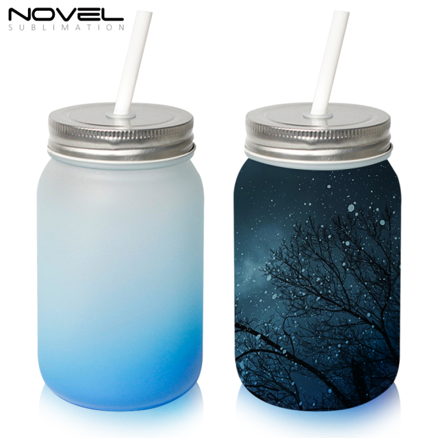 Sublimation Mason Jars Frosted Glass,18oz Regular Wide Mouth Mugs Cups with Lid and Straw