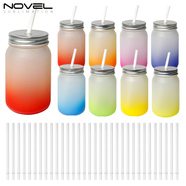 Sublimation Mason Jars Frosted Glass,18oz Regular Wide Mouth Mugs Cups with Lid and Straw