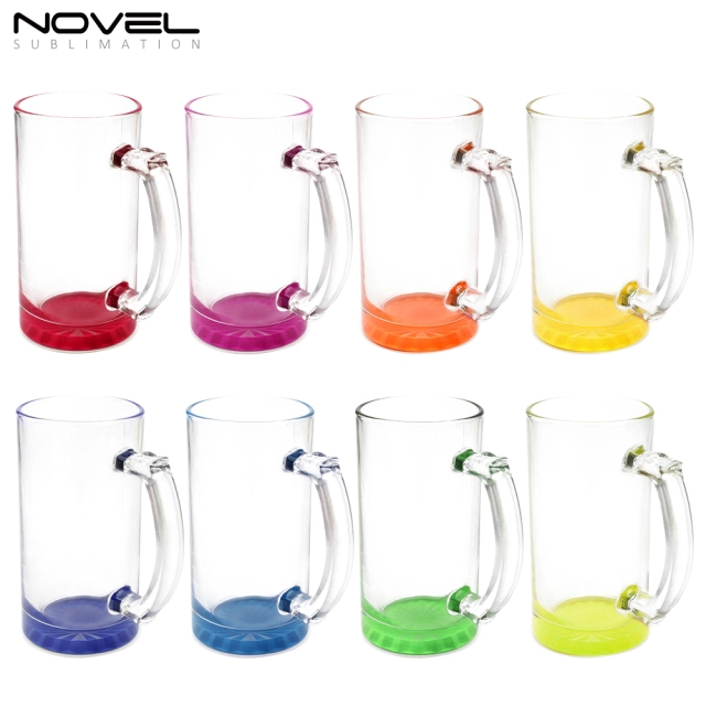Sublimation Glass Blanks Mug Glass Tumblers 16oz Coffee Beer Mugs Cups with Handle--Colored Bottom with Clear Glass