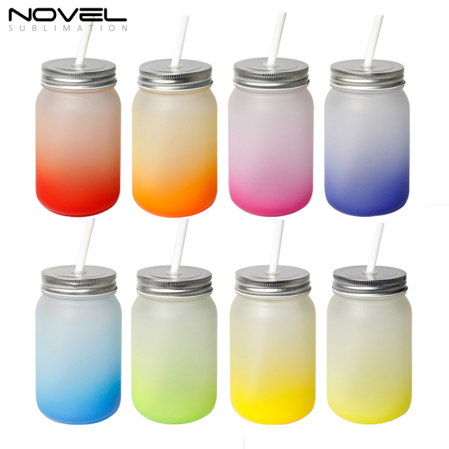 Sublimation Mason Jars Frosted Glass,18oz Regular Wide Mouth Mugs Cups with Lid and Straw