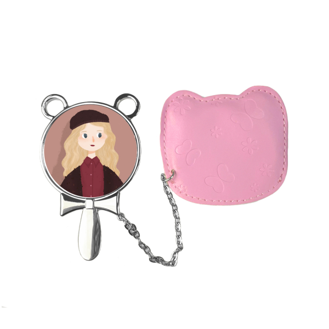 Popular Fashion Sublimation Blank Mickey Mouse Mirror With Pink PU Leather Cover  Hand-hold  Cosmetic Mirror