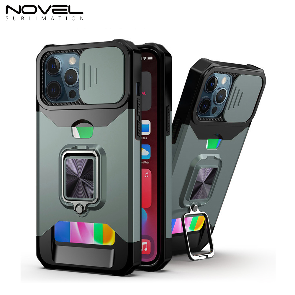 New Multifunctional Anti-drop Phone Case for iPhone Series with Card Slot & Sliding Window & Ring Holder Protective Cover