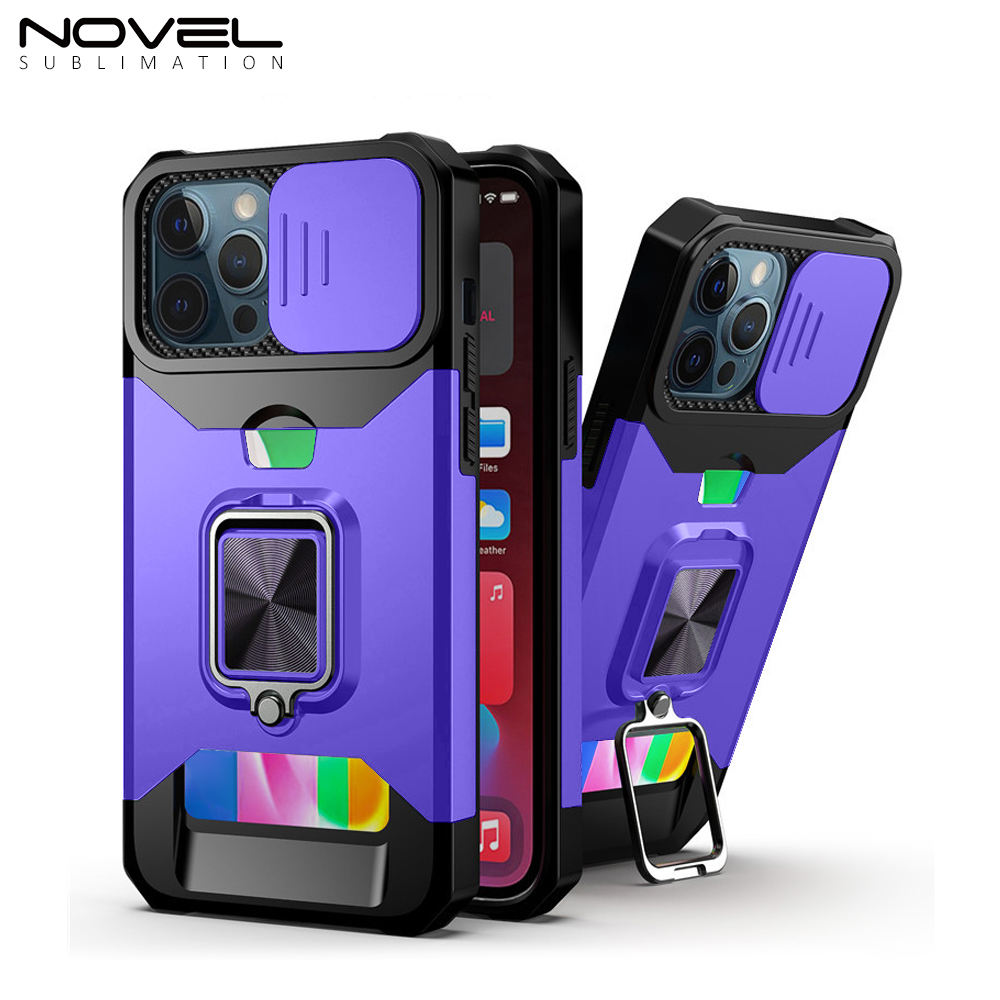New Multifunctional Anti-drop Phone Case for iPhone Series with Card Slot & Sliding Window & Ring Holder Protective Cover