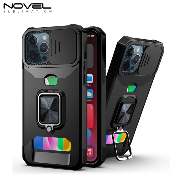New Multifunctional Anti-drop Phone Case for iPhone Series with Card Slot & Sliding Window & Ring Holder Protective Cover