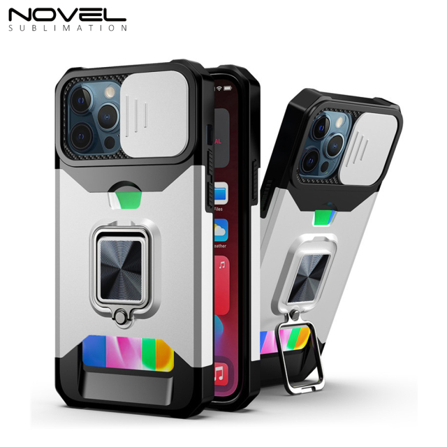 New Multifunctional Anti-drop Phone Case for iPhone Series with Card Slot & Sliding Window & Ring Holder Protective Cover