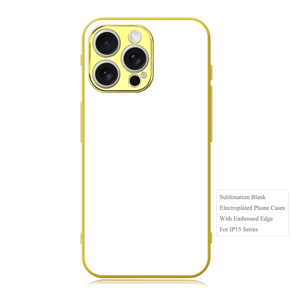 New Arrival Sublimation Electroplated Phone Case with Embossrd Edge for iPhone 15/14 Series DIY Shell With Glass Sheet