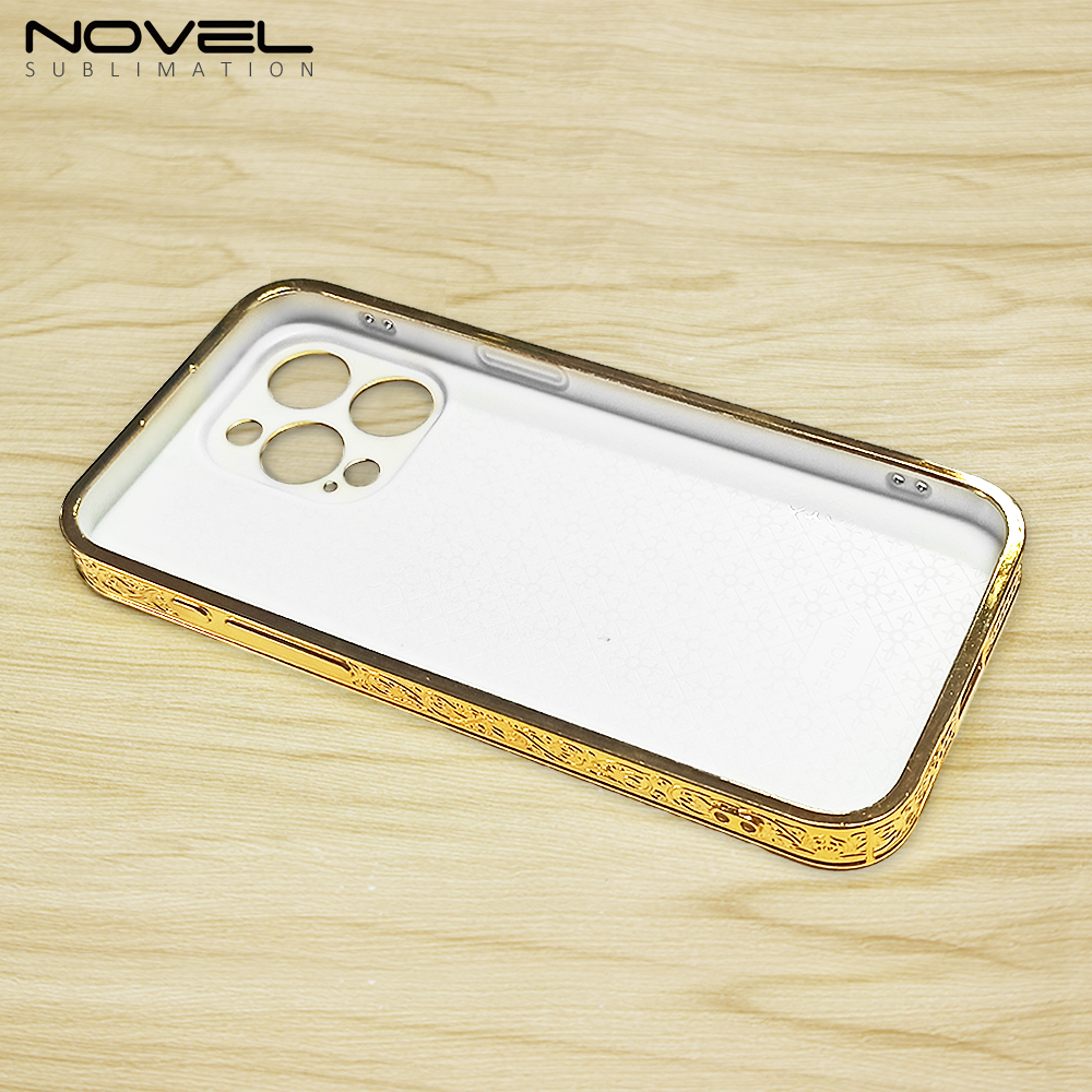New Arrival Sublimation Electroplated Phone Case with Embossrd Edge for iPhone 15/14 Series DIY Shell With Glass Sheet