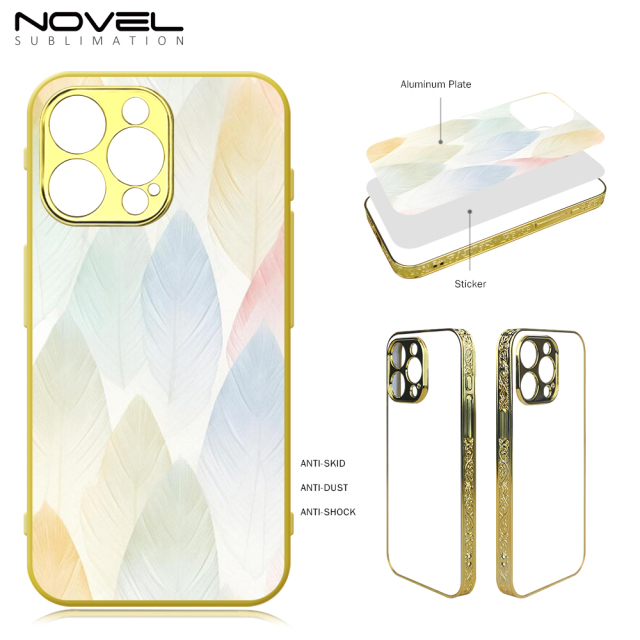 New Arrival Sublimation Electroplated Phone Case with Embossrd Edge for iPhone 15/14 Series DIY Shell With Glass Sheet