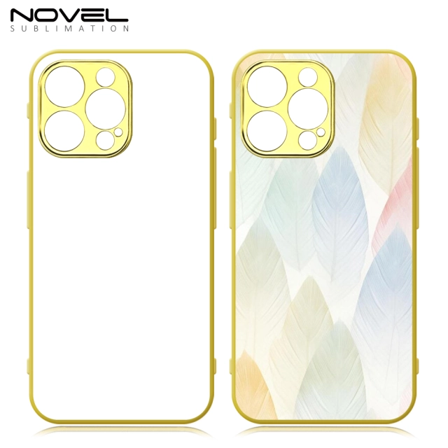 New Arrival Sublimation Electroplated Phone Case with Embossrd Edge for iPhone 15/14 Series DIY Shell With Glass Sheet