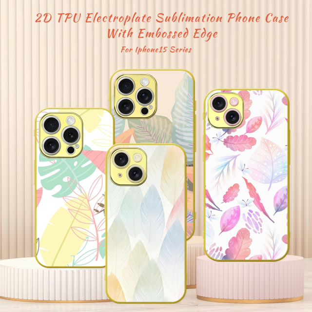 New Arrival Sublimation Electroplated Phone Case with Embossrd Edge for iPhone 15/14 Series DIY Shell With Glass Sheet
