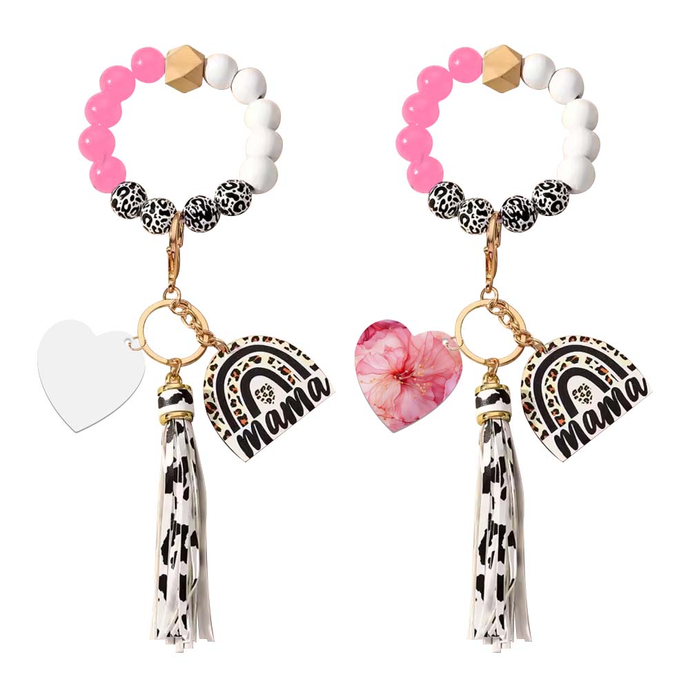 New Arrival Sublimation Blank Acrylic Keychain Hanging Leopard Print Wooden Beads Wooden Plaque Tassel Bracelet Keyring