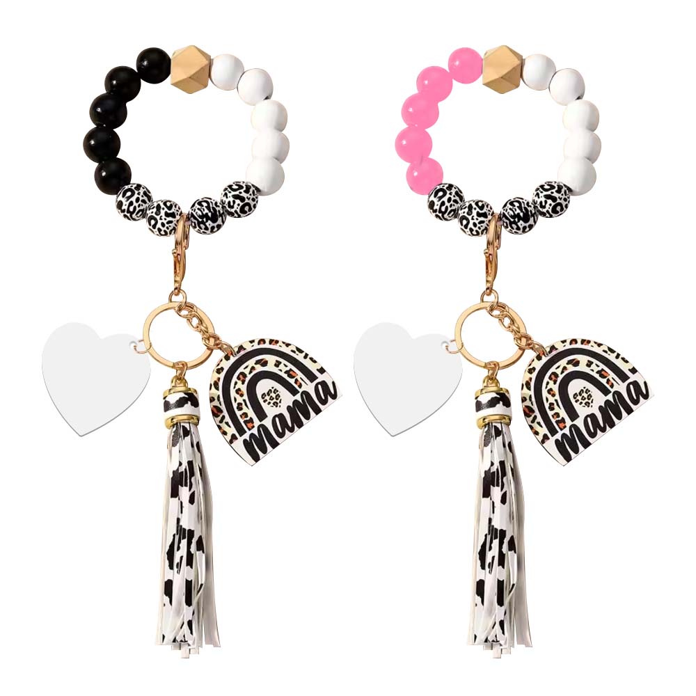 New Arrival Sublimation Blank Acrylic Keychain Hanging Leopard Print Wooden Beads Wooden Plaque Tassel Bracelet Keyring
