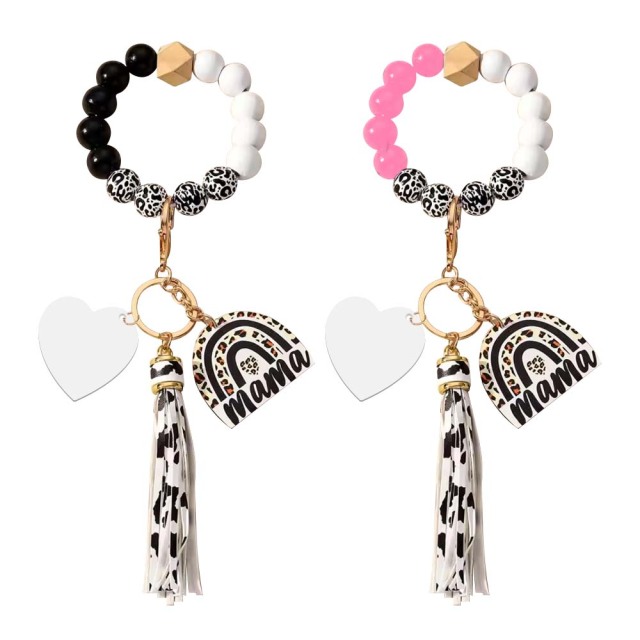 New Arrival Sublimation Blank Acrylic Keychain Hanging Leopard Print Wooden Beads Wooden Plaque Tassel Bracelet Keyring