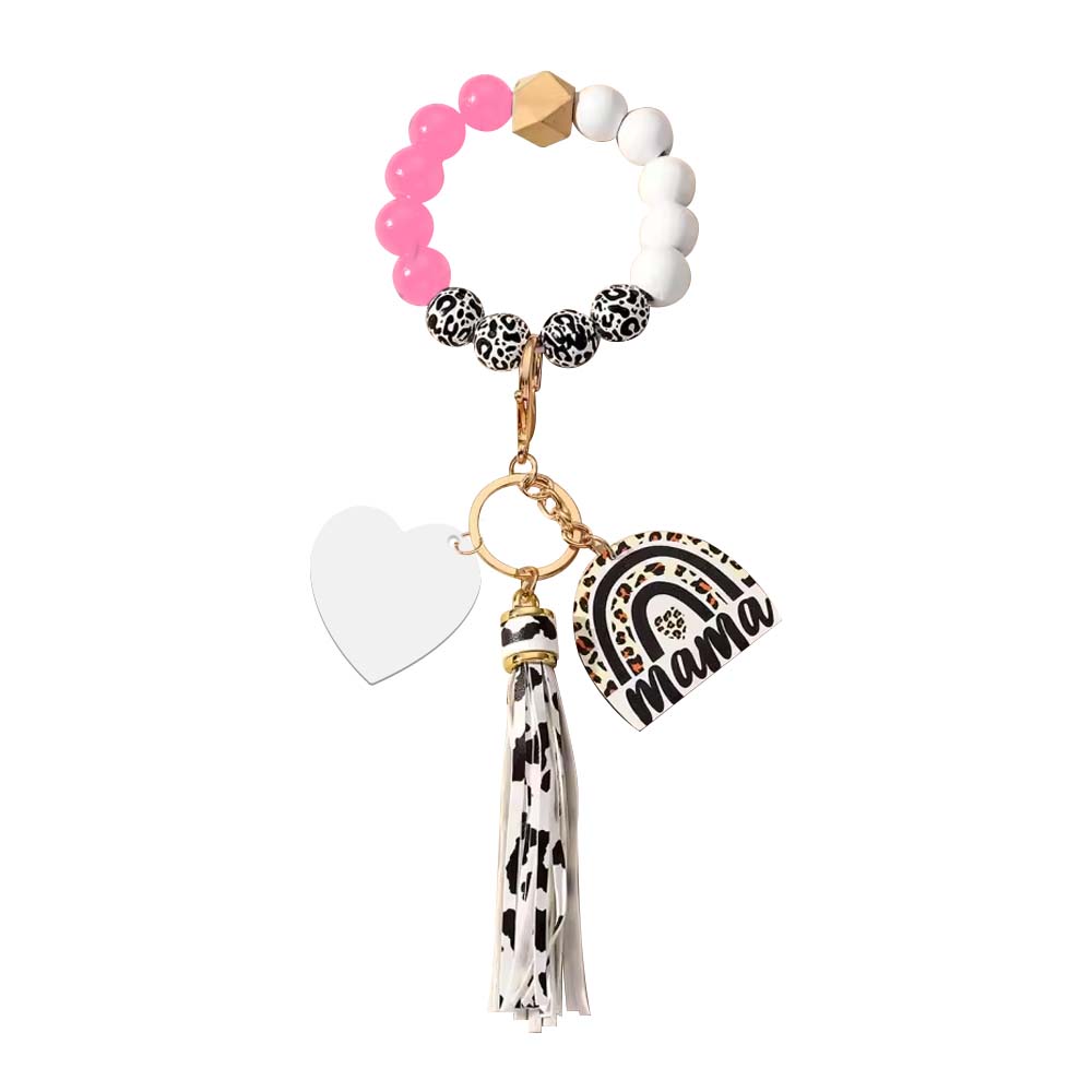 New Arrival Sublimation Blank Acrylic Keychain Hanging Leopard Print Wooden Beads Wooden Plaque Tassel Bracelet Keyring
