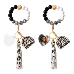 New Arrival Sublimation Blank Acrylic Keychain Hanging Leopard Print Wooden Beads Wooden Plaque Tassel Bracelet Keyring