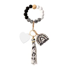 New Arrival Sublimation Blank Acrylic Keychain Hanging Leopard Print Wooden Beads Wooden Plaque Tassel Bracelet Keyring