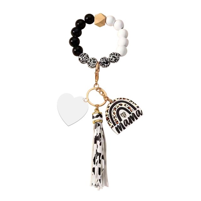 New Arrival Sublimation Blank Acrylic Keychain Hanging Leopard Print Wooden Beads Wooden Plaque Tassel Bracelet Keyring