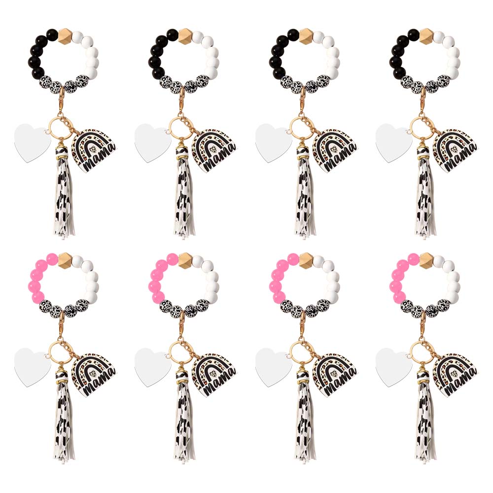 New Arrival Sublimation Blank Acrylic Keychain Hanging Leopard Print Wooden Beads Wooden Plaque Tassel Bracelet Keyring
