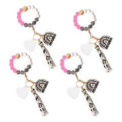 New Arrival Sublimation Blank Acrylic Keychain Hanging Leopard Print Wooden Beads Wooden Plaque Tassel Bracelet Keyring