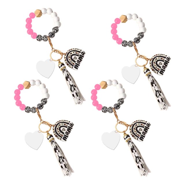 New Arrival Sublimation Blank Acrylic Keychain Hanging Leopard Print Wooden Beads Wooden Plaque Tassel Bracelet Keyring