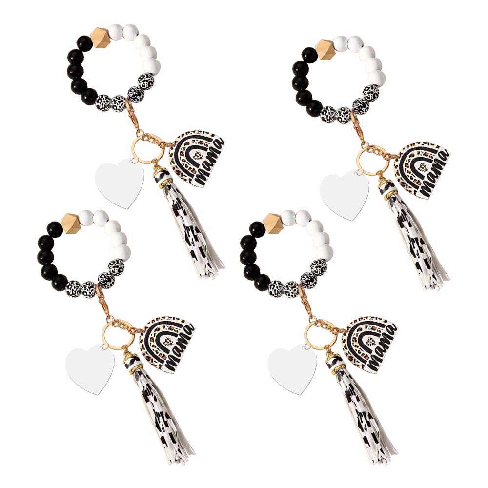 New Arrival Sublimation Blank Acrylic Keychain Hanging Leopard Print Wooden Beads Wooden Plaque Tassel Bracelet Keyring