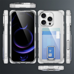 Four Corners Anti-fall Mobile Phone Case with Card Holder and Stand for iPhone 16,15,14,13,12 Series TPU and PC Phone Case
