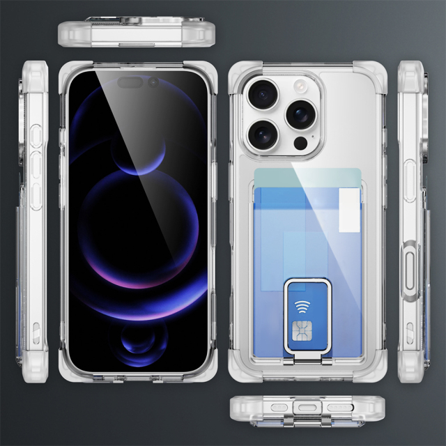 Four Corners Anti-fall Mobile Phone Case with Card Holder and Stand for iPhone 16,15,14,13,12 Series TPU and PC Phone Case
