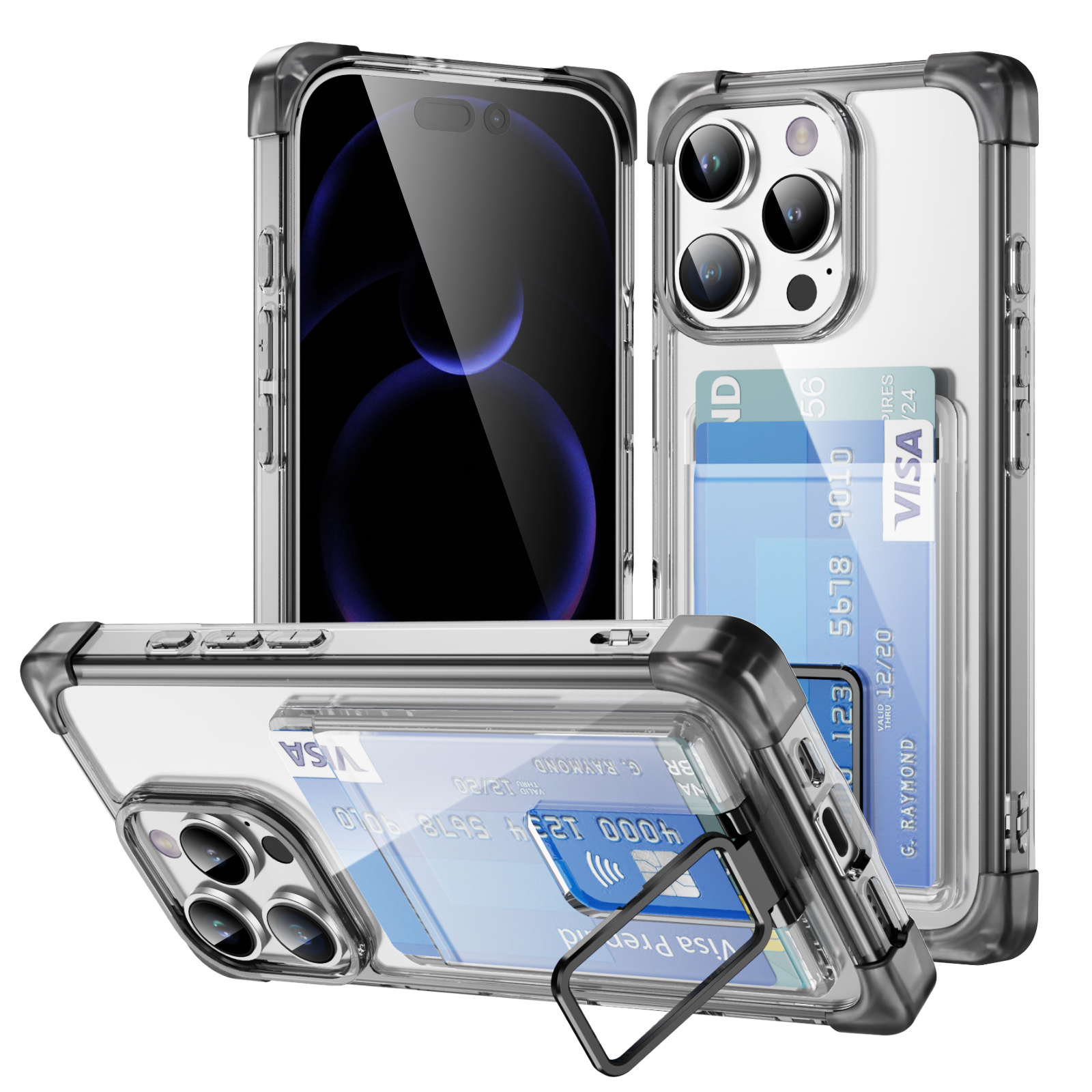 Four Corners Anti-fall Mobile Phone Case with Card Holder and Stand for iPhone 16,15,14,13,12 Series TPU and PC Phone Case