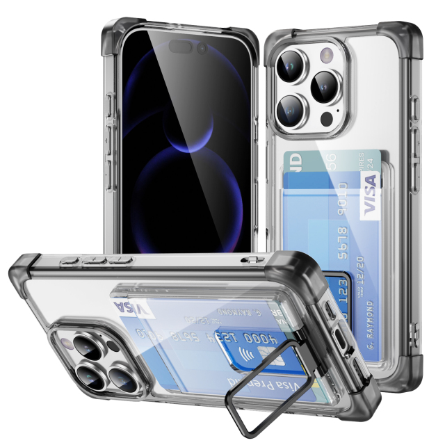 Four Corners Anti-fall Mobile Phone Case with Card Holder and Stand for iPhone 16,15,14,13,12 Series TPU and PC Phone Case