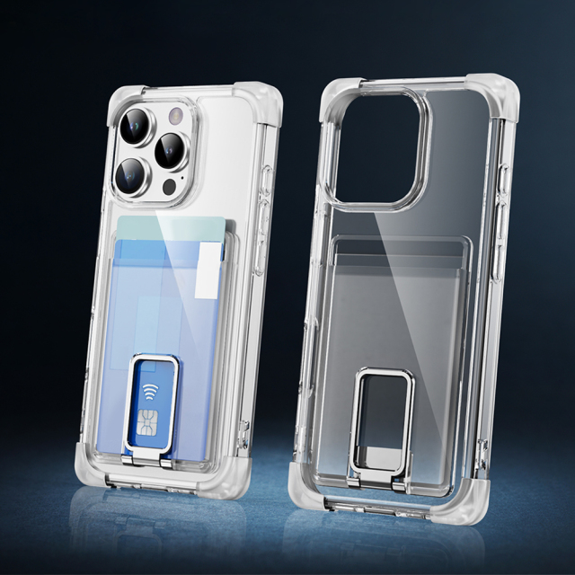 Four Corners Anti-fall Mobile Phone Case with Card Holder and Stand for iPhone 16,15,14,13,12 Series TPU and PC Phone Case