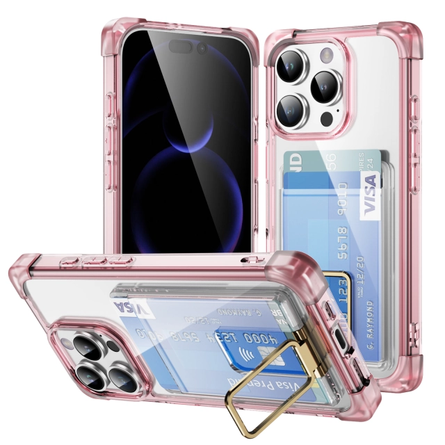 Four Corners Anti-fall Mobile Phone Case with Card Holder and Stand for iPhone 16,15,14,13,12 Series TPU and PC Phone Case