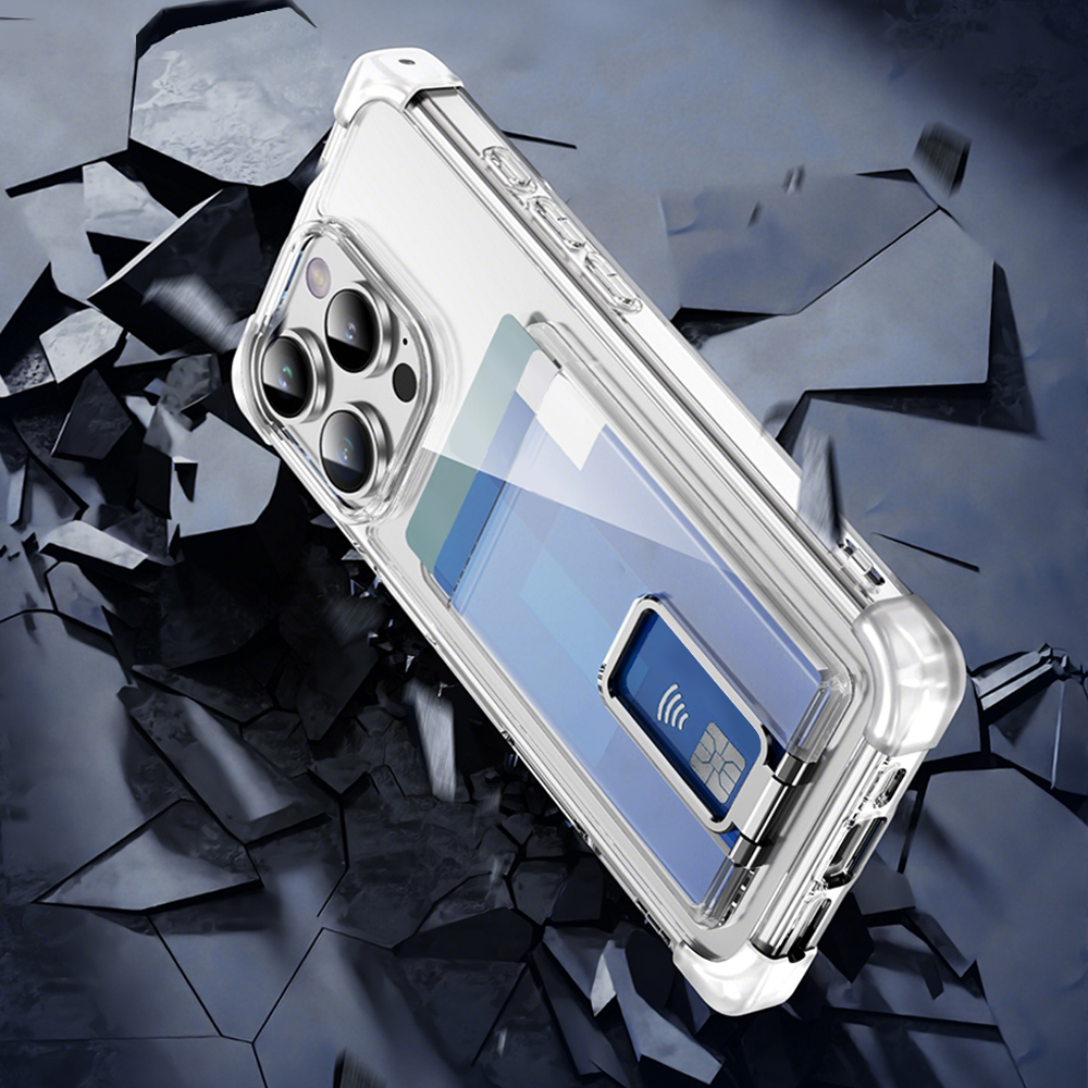 Four Corners Anti-fall Mobile Phone Case with Card Holder and Stand for iPhone 16,15,14,13,12 Series TPU and PC Phone Case