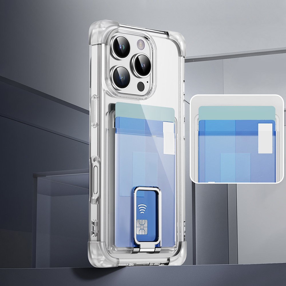 Four Corners Anti-fall Mobile Phone Case with Card Holder and Stand for iPhone 16,15,14,13,12 Series TPU and PC Phone Case