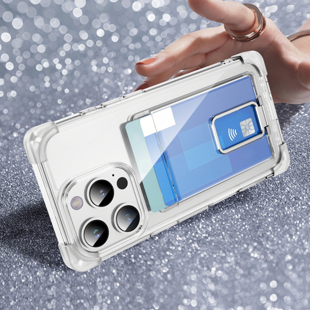 Four Corners Anti-fall Mobile Phone Case with Card Holder and Stand for iPhone 16,15,14,13,12 Series TPU and PC Phone Case