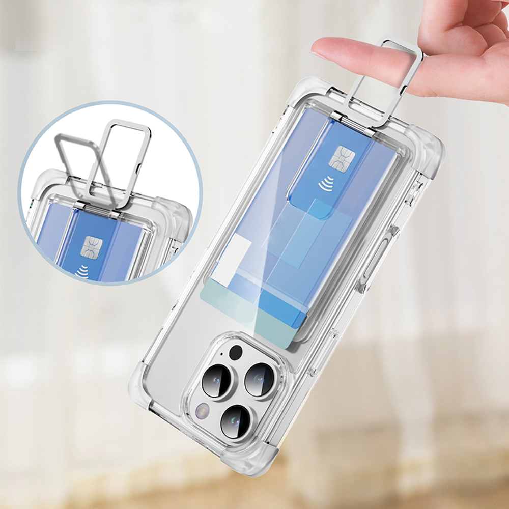 Four Corners Anti-fall Mobile Phone Case with Card Holder and Stand for iPhone 16,15,14,13,12 Series TPU and PC Phone Case