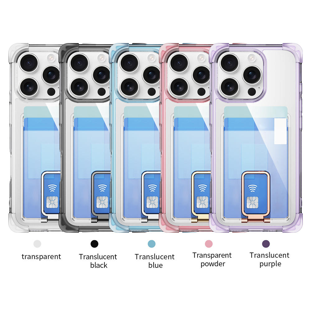 Four Corners Anti-fall Mobile Phone Case with Card Holder and Stand for iPhone 16,15,14,13,12 Series TPU and PC Phone Case