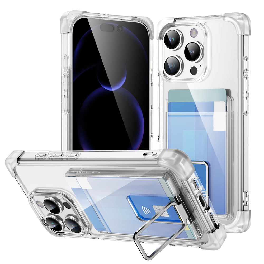 Four Corners Anti-fall Mobile Phone Case with Card Holder and Stand for iPhone 16,15,14,13,12 Series TPU and PC Phone Case