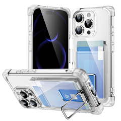 Four Corners Anti-fall Mobile Phone Case with Card Holder and Stand for iPhone 16,15,14,13,12 Series TPU and PC Phone Case