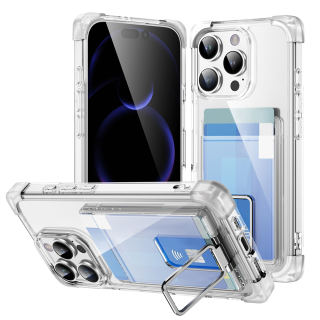 Four Corners Anti-fall Mobile Phone Case with Card Holder and Stand for iPhone 16,15,14,13,12 Series TPU and PC Phone Case