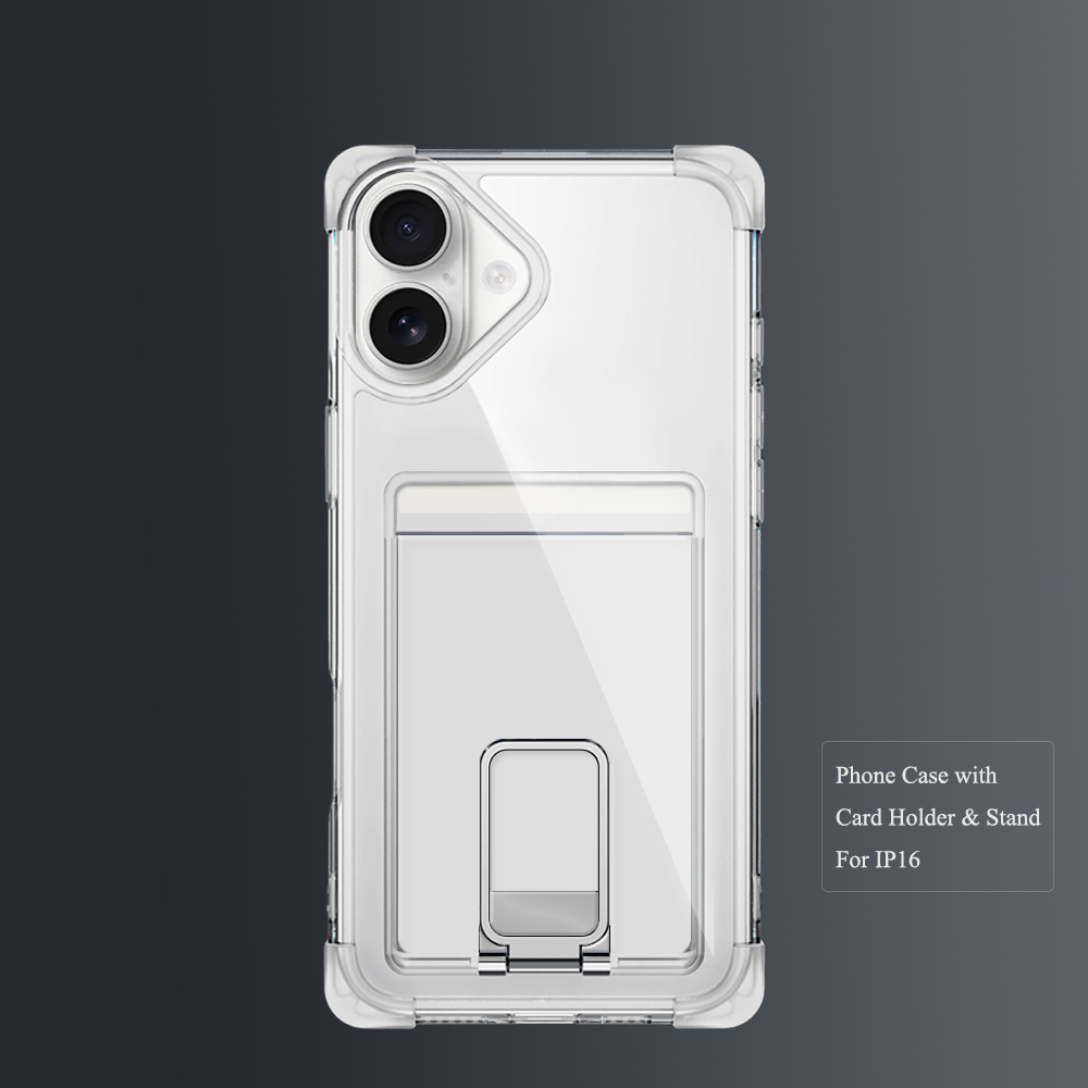 Four Corners Anti-fall Mobile Phone Case with Card Holder and Stand for iPhone 16,15,14,13,12 Series TPU and PC Phone Case