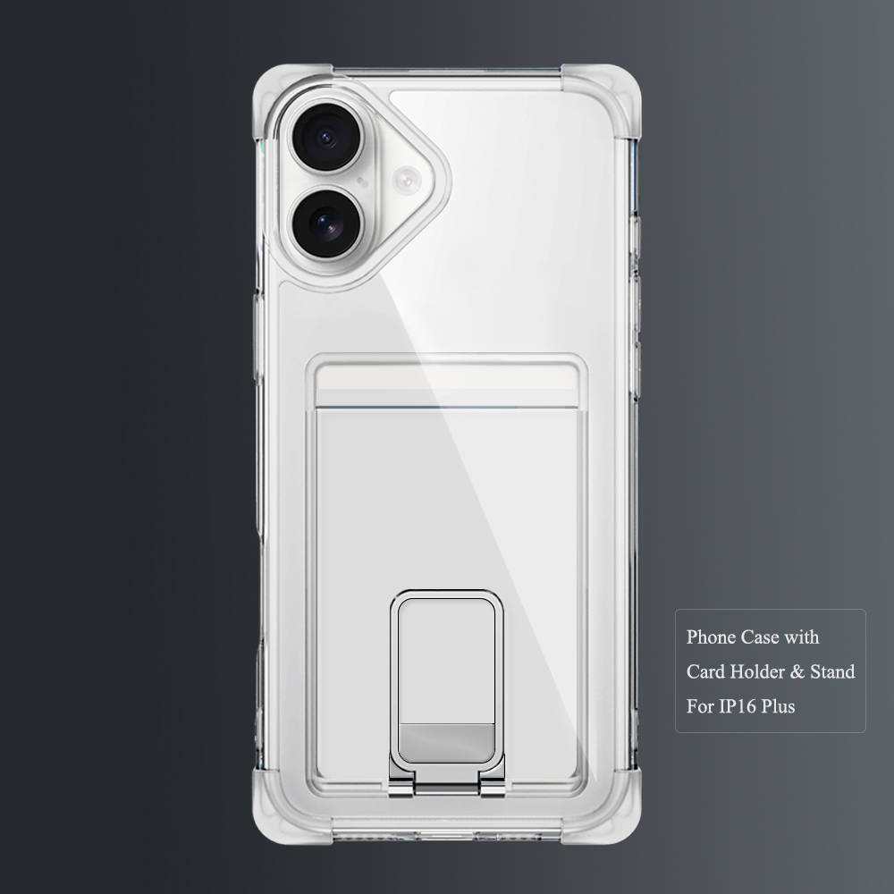 Four Corners Anti-fall Mobile Phone Case with Card Holder and Stand for iPhone 16,15,14,13,12 Series TPU and PC Phone Case