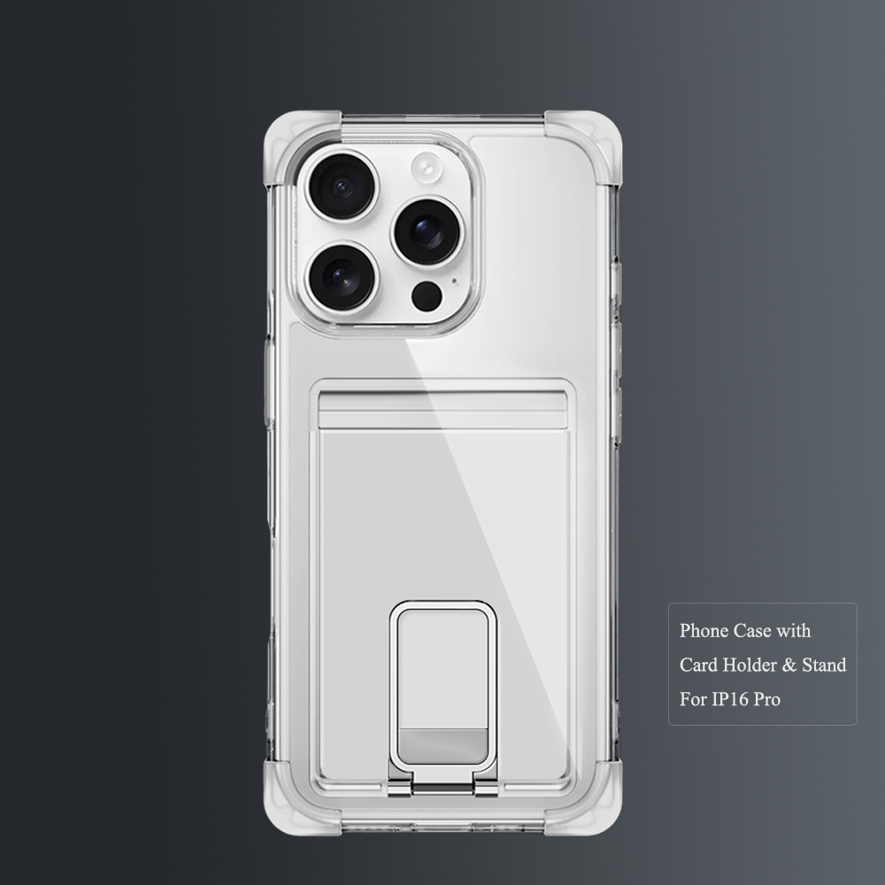 Four Corners Anti-fall Mobile Phone Case with Card Holder and Stand for iPhone 16,15,14,13,12 Series TPU and PC Phone Case