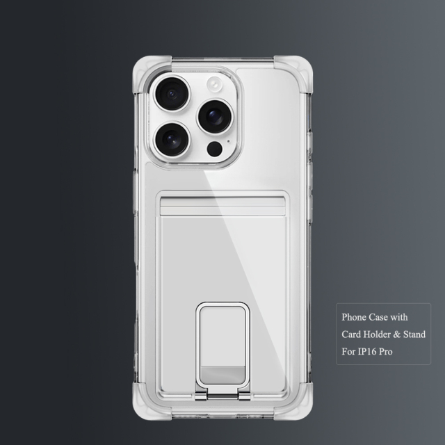 Four Corners Anti-fall Mobile Phone Case with Card Holder and Stand for iPhone 16,15,14,13,12 Series TPU and PC Phone Case